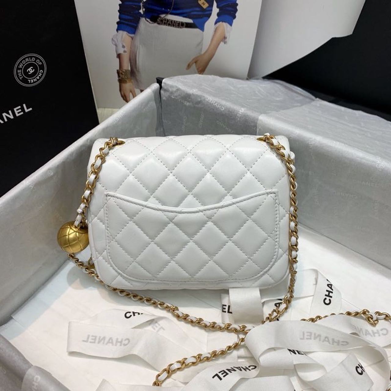 ChanelMini Flap Bag With ChanelBall On Strap White For Women, Women’s Handbags, Shoulder And Crossbody Bags 6.7in/17cm AS1786