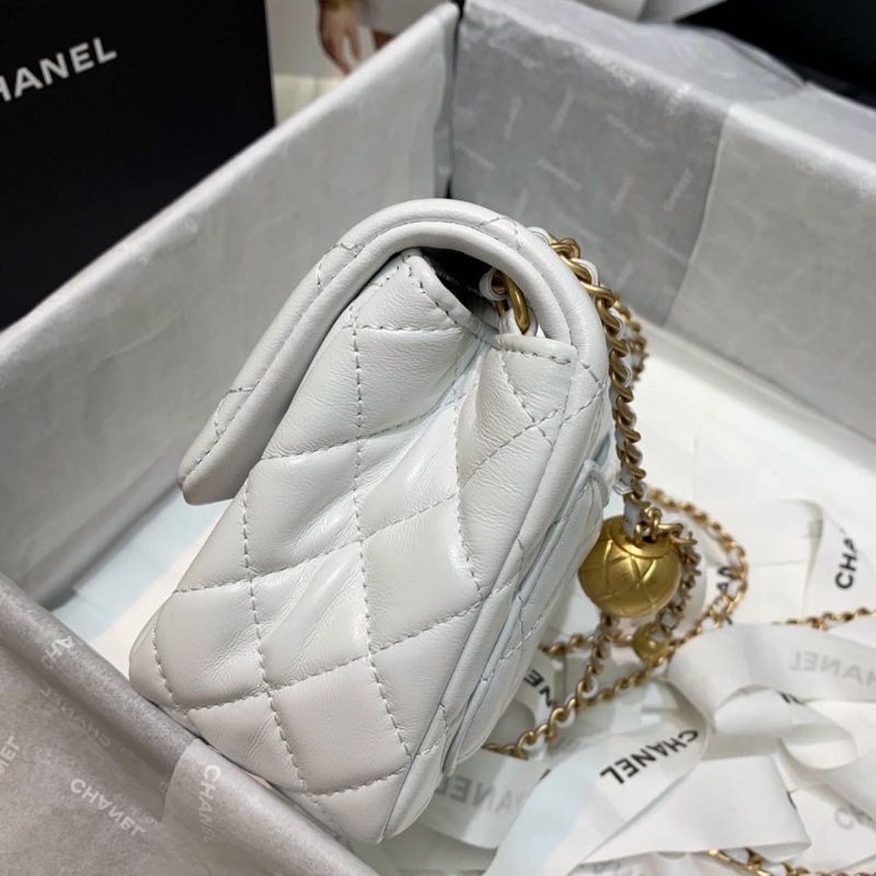ChanelMini Flap Bag With ChanelBall On Strap White For Women, Women’s Handbags, Shoulder And Crossbody Bags 6.7in/17cm AS1786