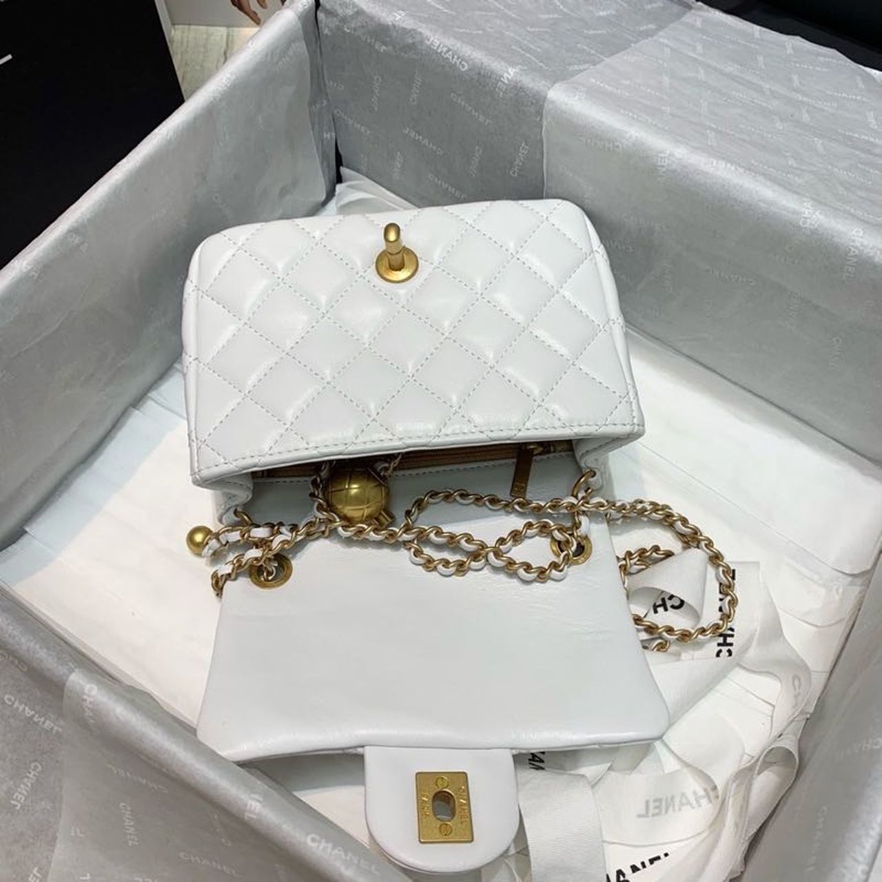 ChanelMini Flap Bag With ChanelBall On Strap White For Women, Women’s Handbags, Shoulder And Crossbody Bags 6.7in/17cm AS1786