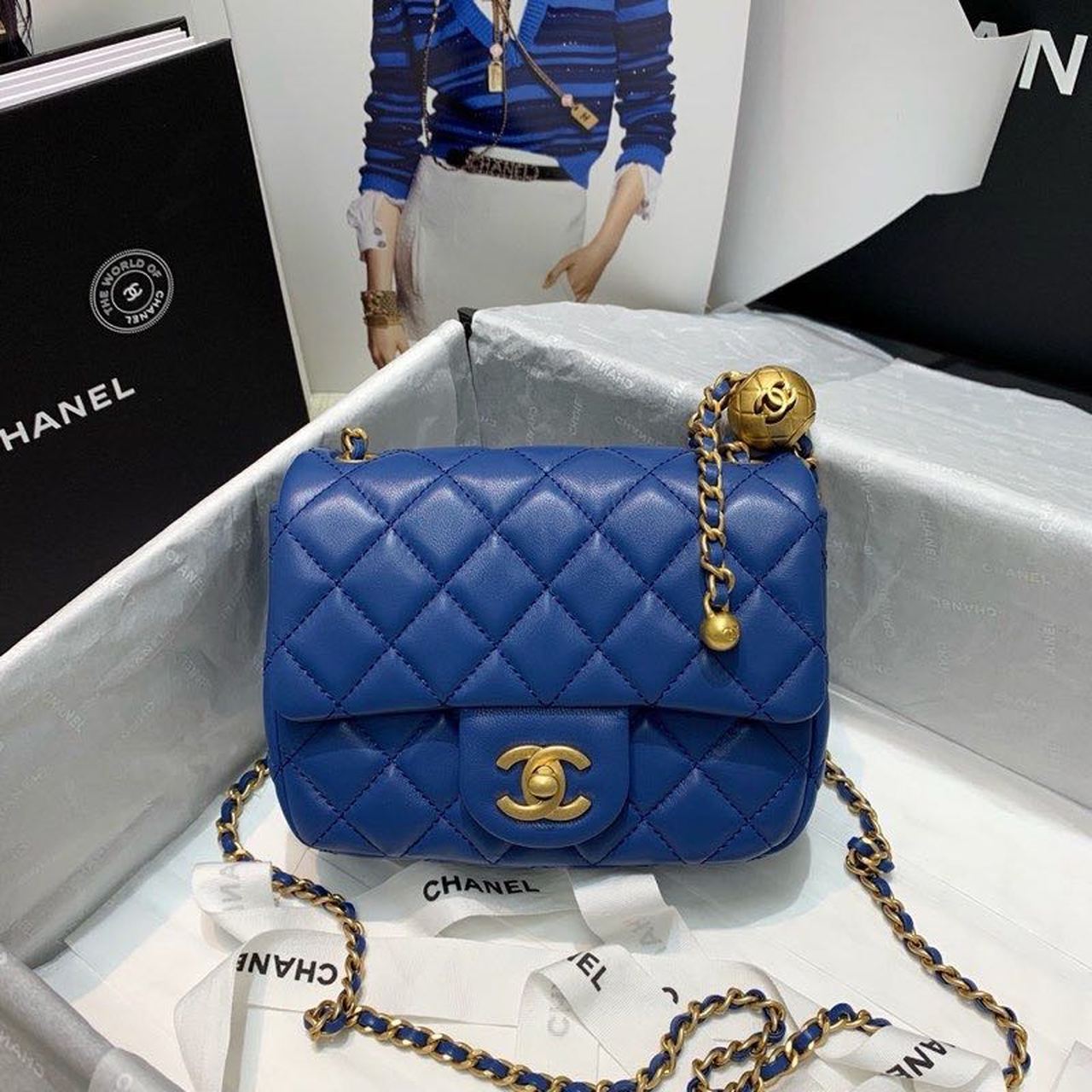 ChanelMini Flap Bag With ChanelBall On Strap Blue For Women, Women’s Handbags, Shoulder And Crossbody Bags 6.7in/17cm AS1786