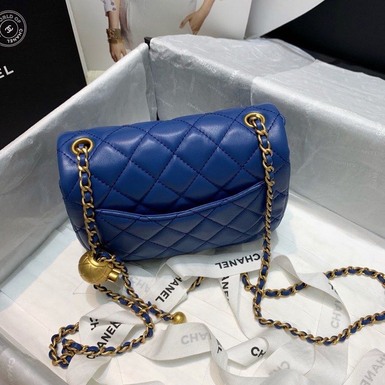 ChanelMini Flap Bag With ChanelBall On Strap Blue For Women, Women’s Handbags, Shoulder And Crossbody Bags 6.7in/17cm AS1786