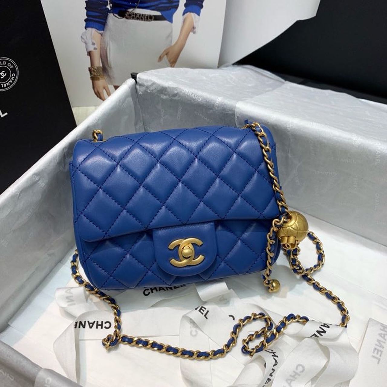 ChanelMini Flap Bag With ChanelBall On Strap Blue For Women, Women’s Handbags, Shoulder And Crossbody Bags 6.7in/17cm AS1786