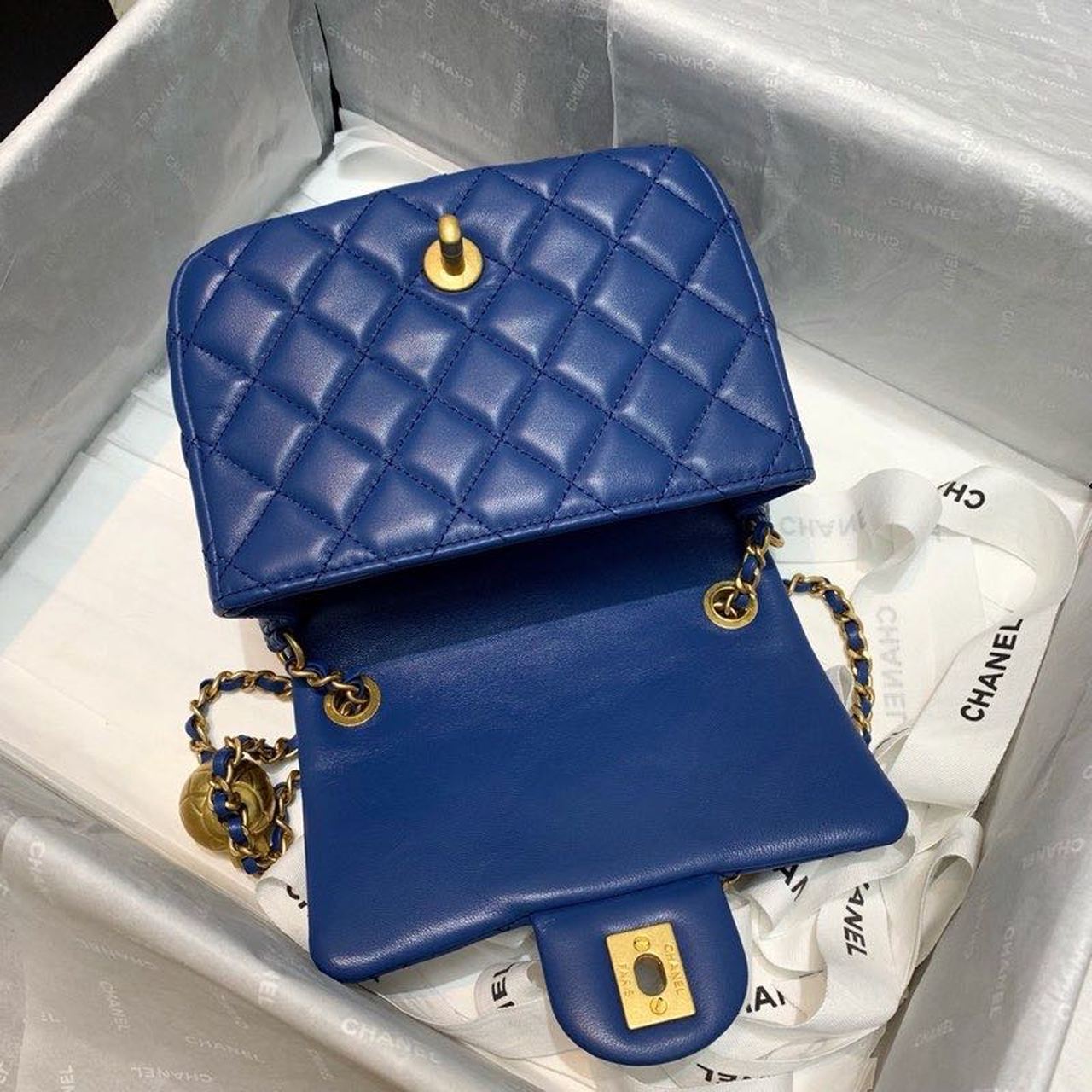 ChanelMini Flap Bag With ChanelBall On Strap Blue For Women, Women’s Handbags, Shoulder And Crossbody Bags 6.7in/17cm AS1786