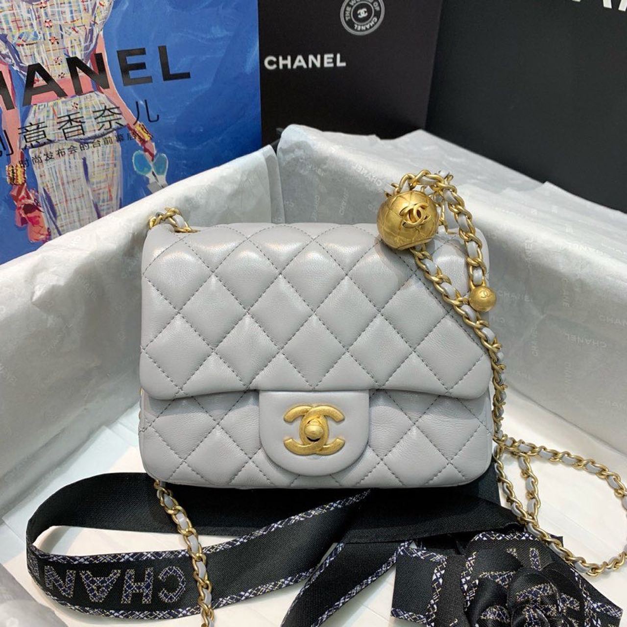 Chanel Classic Flap With Charm Chain With Chanel Details On Strap Bag 17cm/7inch Gold Hardware Grey
