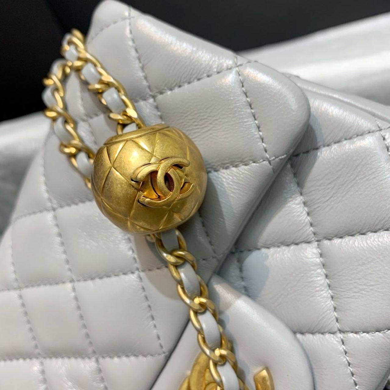 Chanel Classic Flap With Charm Chain With Chanel Details On Strap Bag 17cm/7inch Gold Hardware Grey