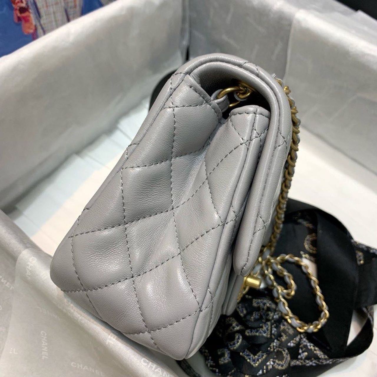 Chanel Classic Flap With Charm Chain With Chanel Details On Strap Bag 17cm/7inch Gold Hardware Grey