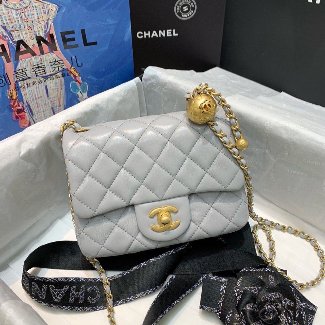Chanel Classic Flap With Charm Chain With Chanel Details On Strap Bag 17cm/7inch Gold Hardware Grey