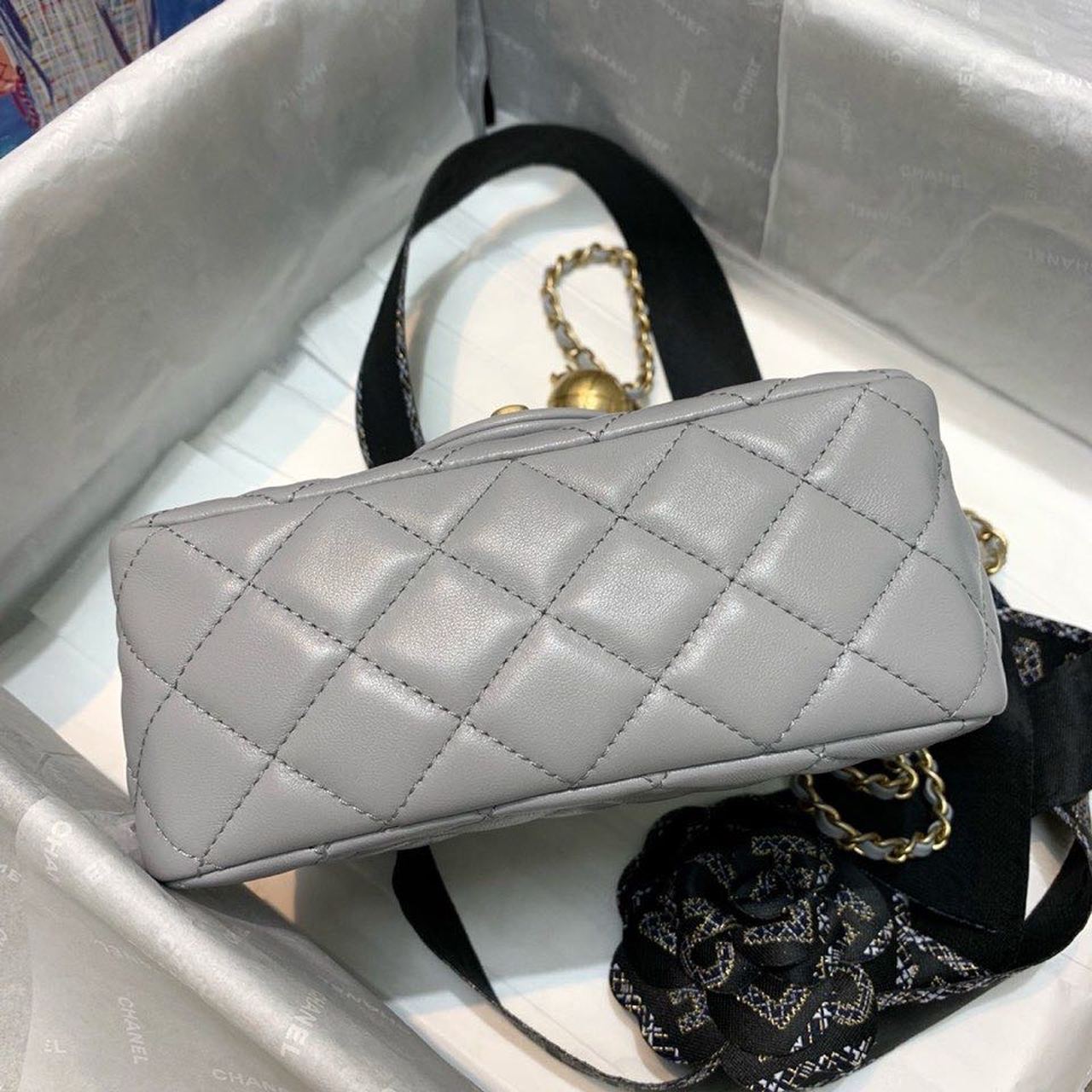 Chanel Classic Flap With Charm Chain With Chanel Details On Strap Bag 17cm/7inch Gold Hardware Grey