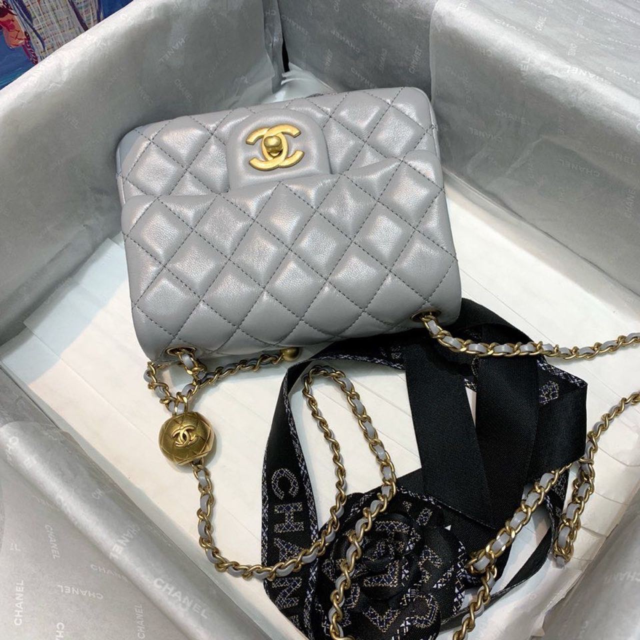 Chanel Classic Flap With Charm Chain With Chanel Details On Strap Bag 17cm/7inch Gold Hardware Grey