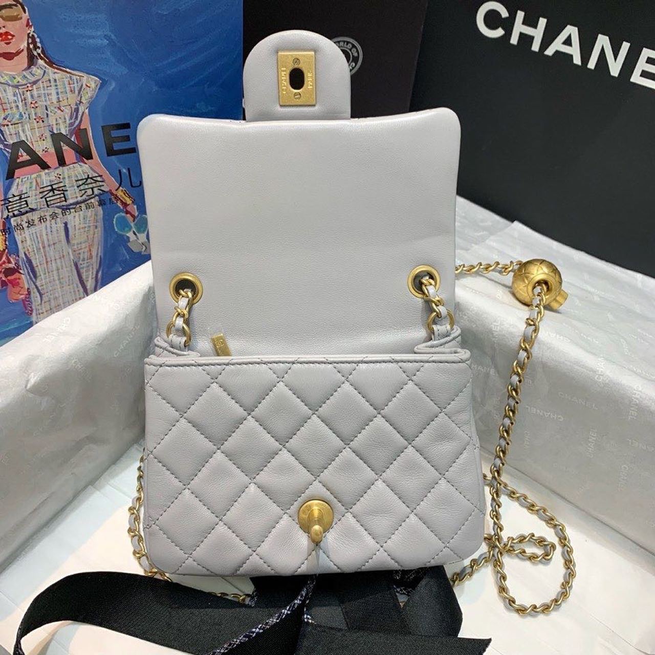Chanel Classic Flap With Charm Chain With Chanel Details On Strap Bag 17cm/7inch Gold Hardware Grey