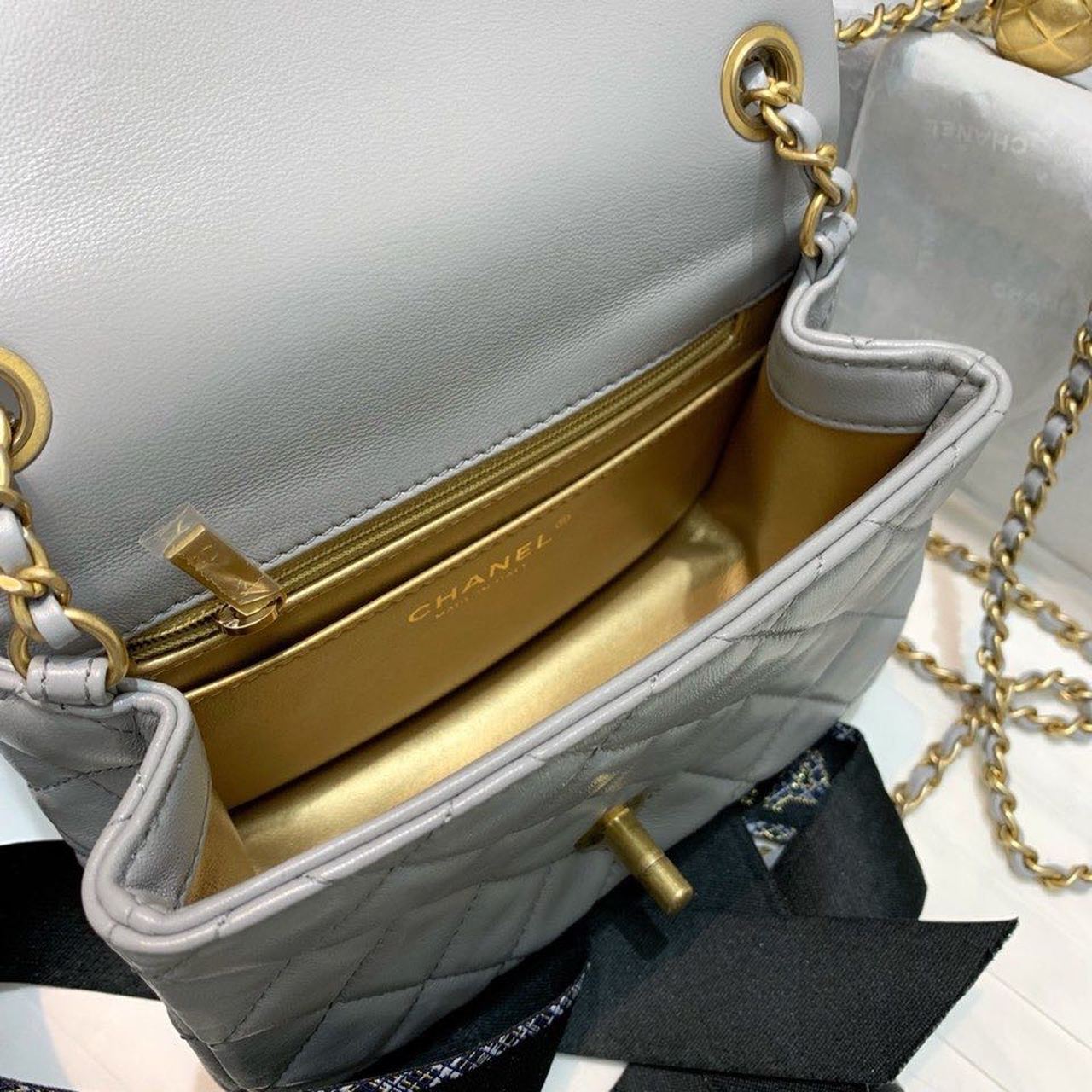 Chanel Classic Flap With Charm Chain With Chanel Details On Strap Bag 17cm/7inch Gold Hardware Grey