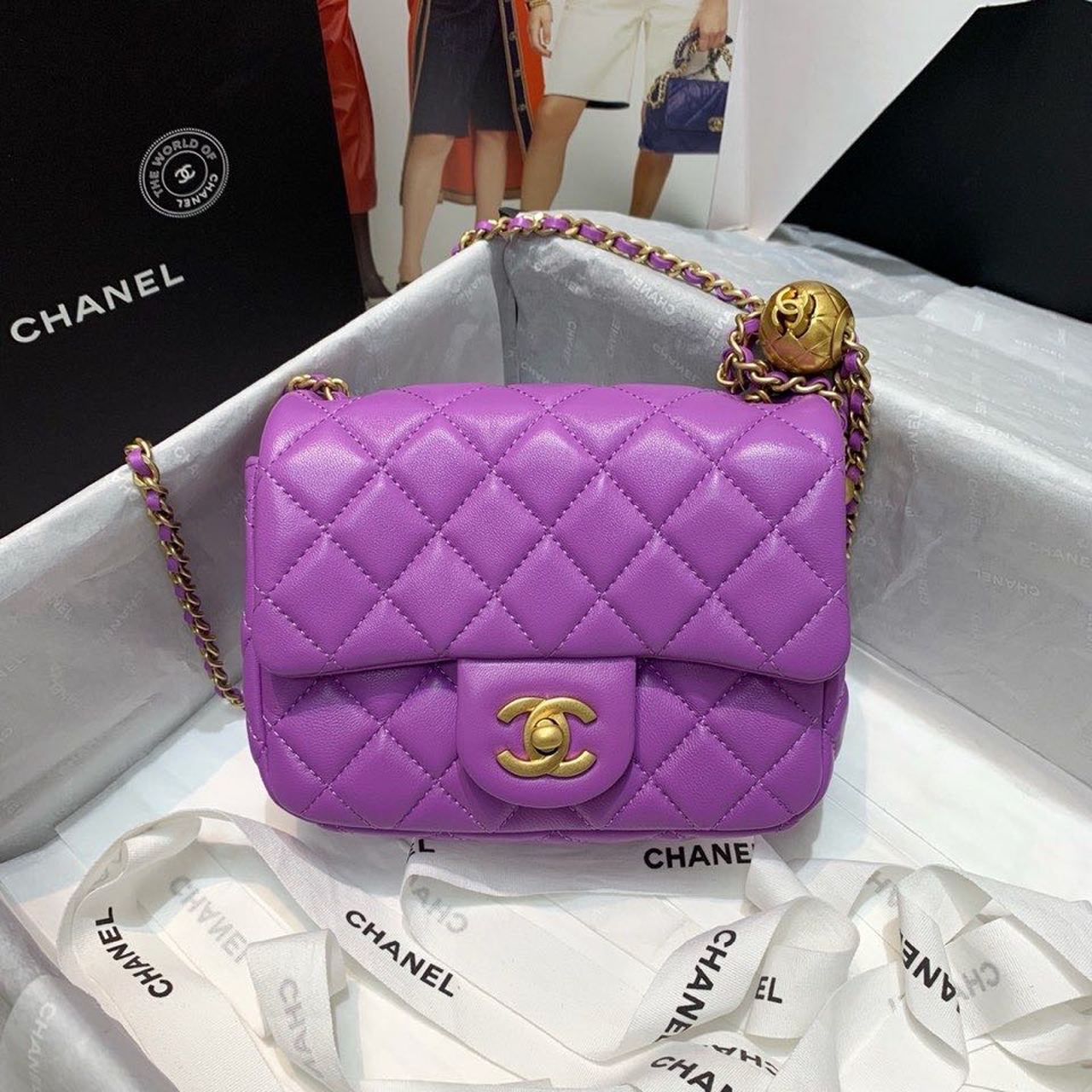 ChanelMini Flap Bag With ChanelBall On Strap Purple For Women, Women’s Handbags, Shoulder And Crossbody Bags 6.7in/17cm AS1786