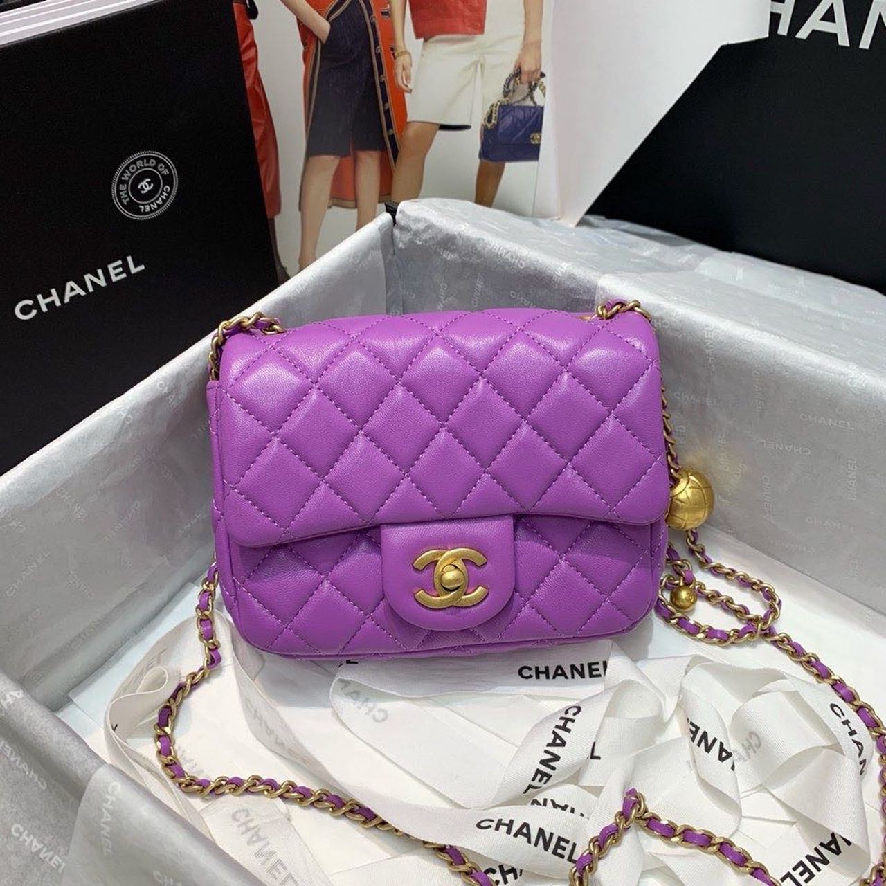 ChanelMini Flap Bag With ChanelBall On Strap Purple For Women, Women’s Handbags, Shoulder And Crossbody Bags 6.7in/17cm AS1786