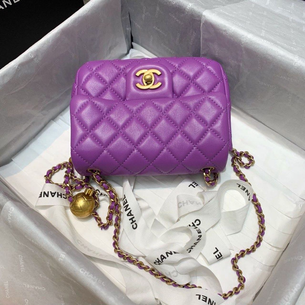 ChanelMini Flap Bag With ChanelBall On Strap Purple For Women, Women’s Handbags, Shoulder And Crossbody Bags 6.7in/17cm AS1786