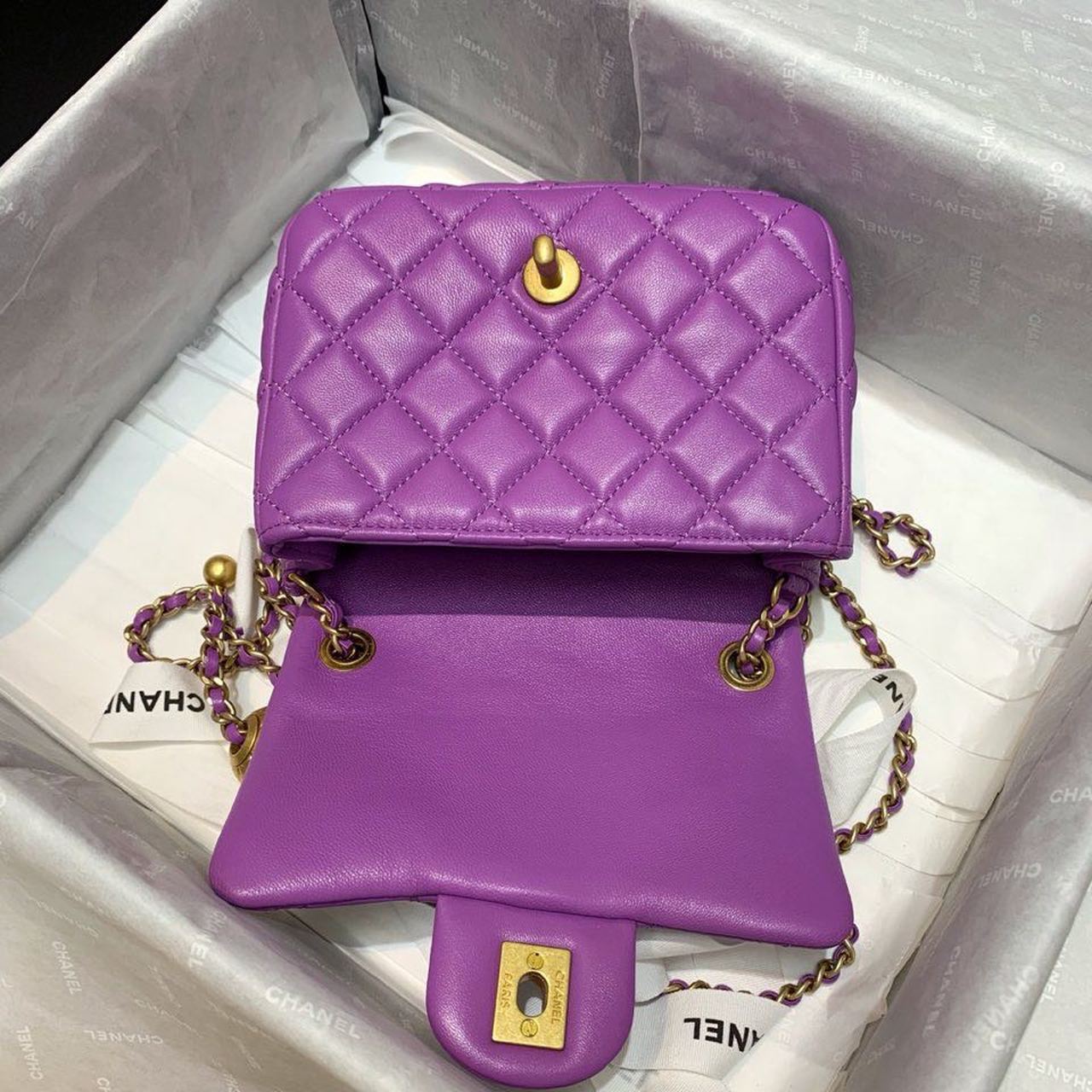 ChanelMini Flap Bag With ChanelBall On Strap Purple For Women, Women’s Handbags, Shoulder And Crossbody Bags 6.7in/17cm AS1786