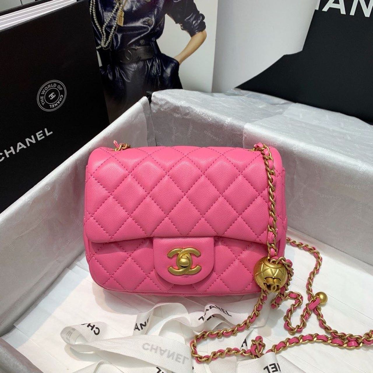 ChanelMini Flap Bag With ChanelBall On Strap PiNike For Women, Women’s Handbags, Shoulder And Crossbody Bags 6.7in/17cm AS1786