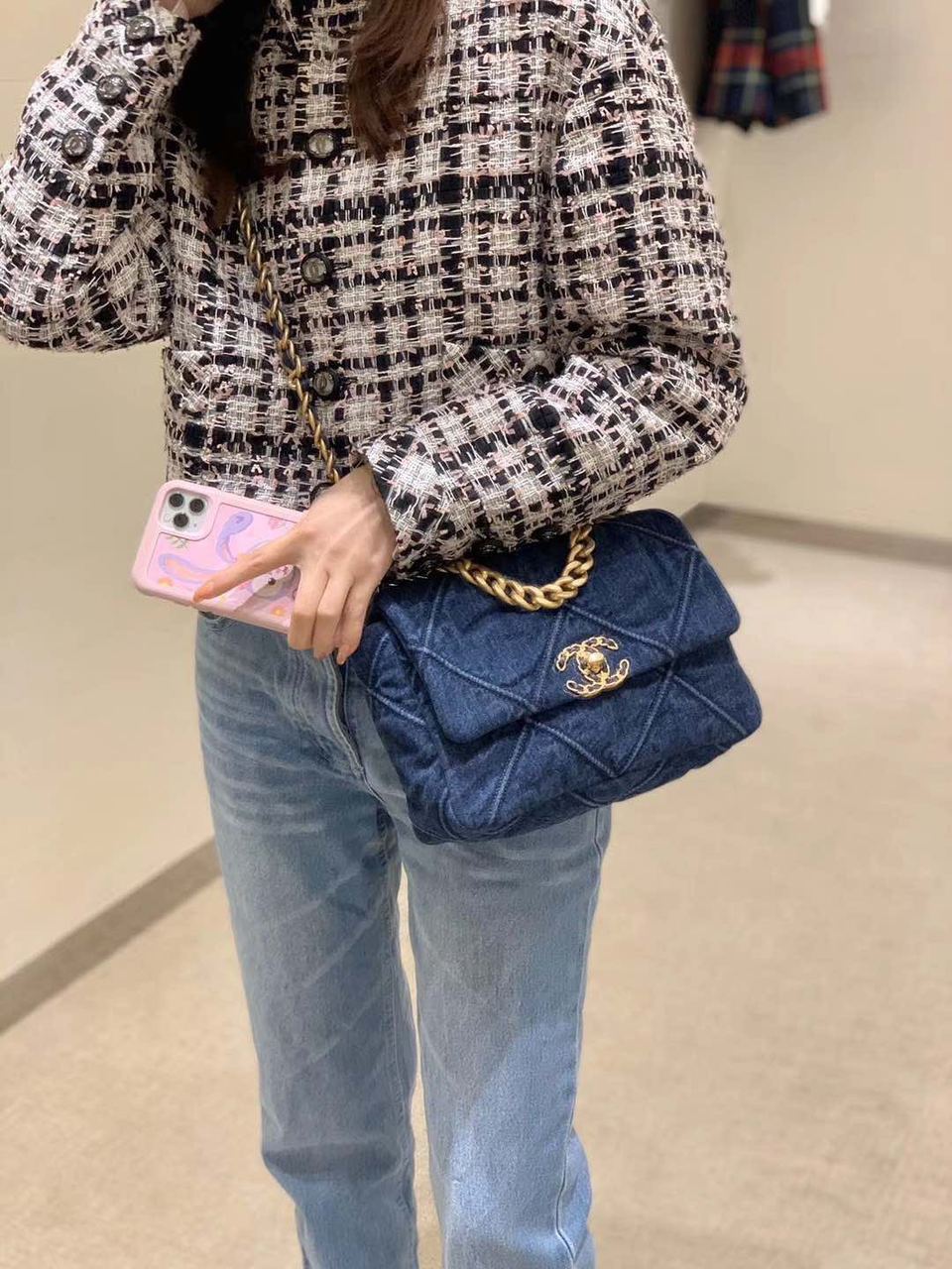CHL 19 Handbag Denim Blue For Women, Women’s Flap Bag, Shoulder And Crossbody Bags 10.1in/26cm AS1160 B02876 N6832