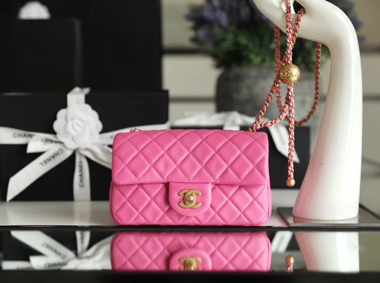 Chanel Classic Flap With Charm Chain With Chanel Ball On Strap Bag 20cm Gold Toned Hardware Lambskin Leather Spring/Summer Collection, Pink
