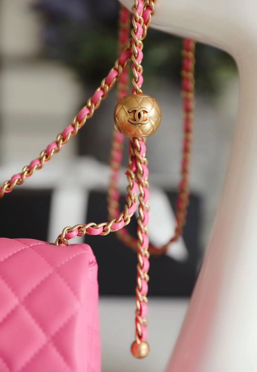 Chanel Classic Flap With Charm Chain With Chanel Ball On Strap Bag 20cm Gold Toned Hardware Lambskin Leather Spring/Summer Collection, Pink
