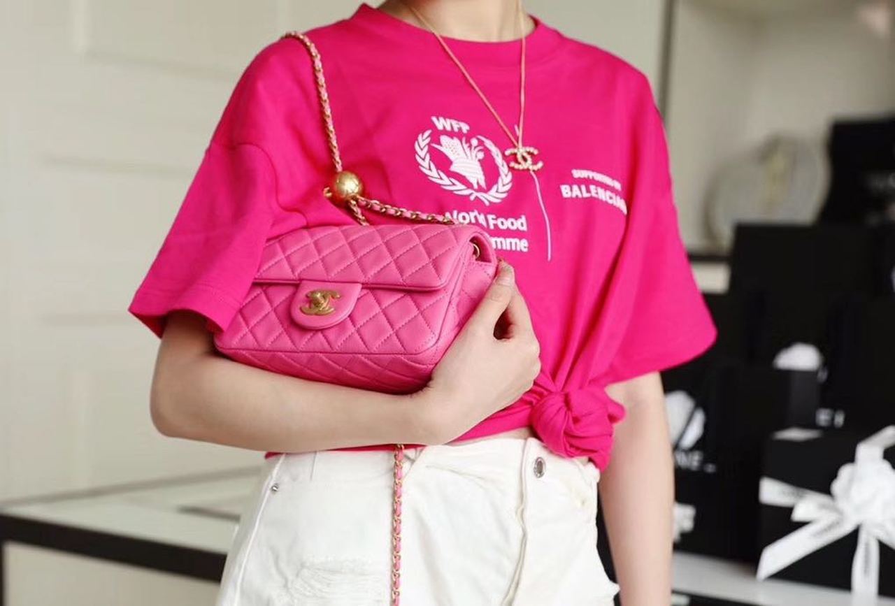 Chanel Classic Flap With Charm Chain With Chanel Ball On Strap Bag 20cm Gold Toned Hardware Lambskin Leather Spring/Summer Collection, Pink