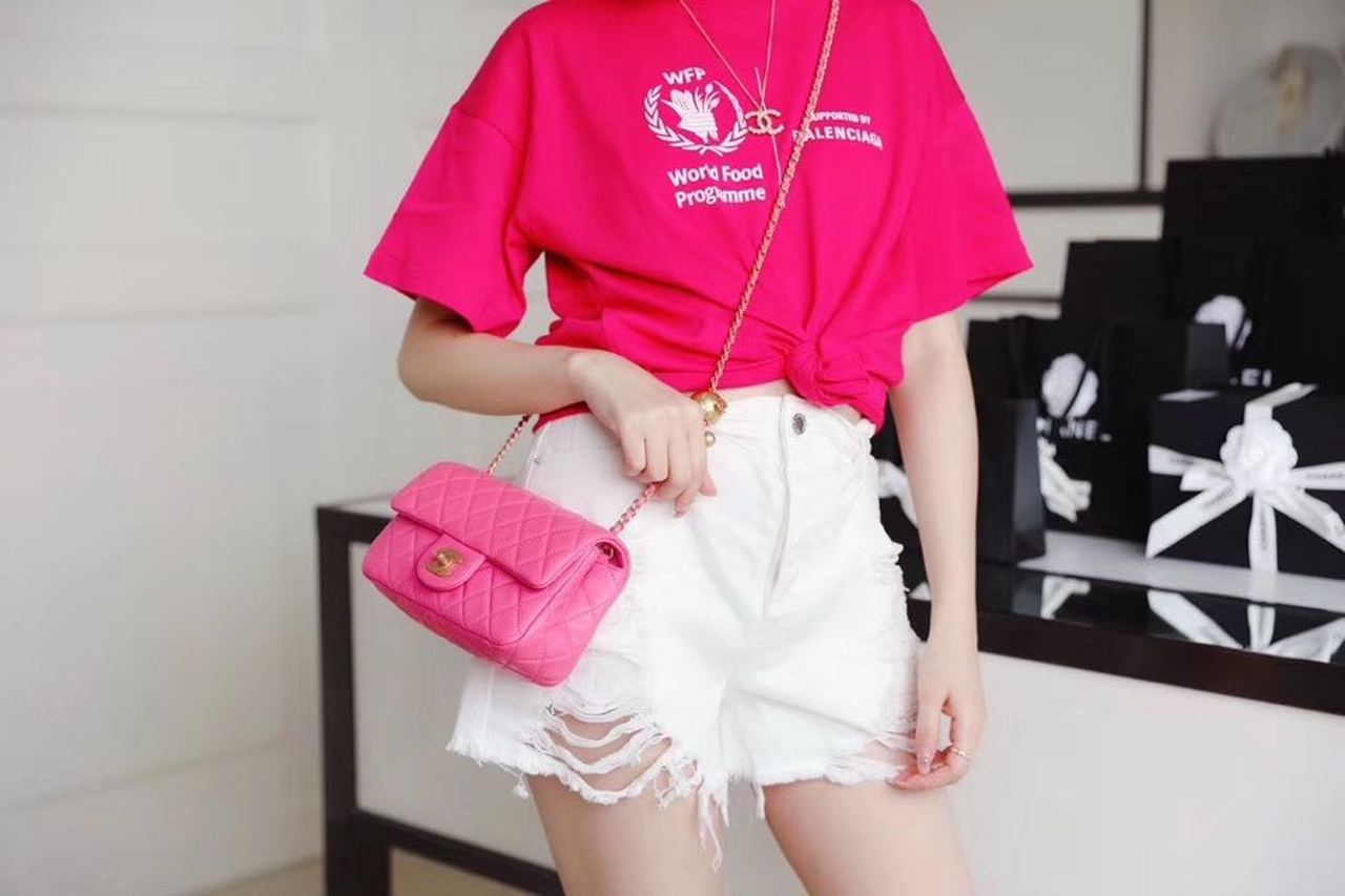 Chanel Classic Flap With Charm Chain With Chanel Ball On Strap Bag 20cm Gold Toned Hardware Lambskin Leather Spring/Summer Collection, Pink