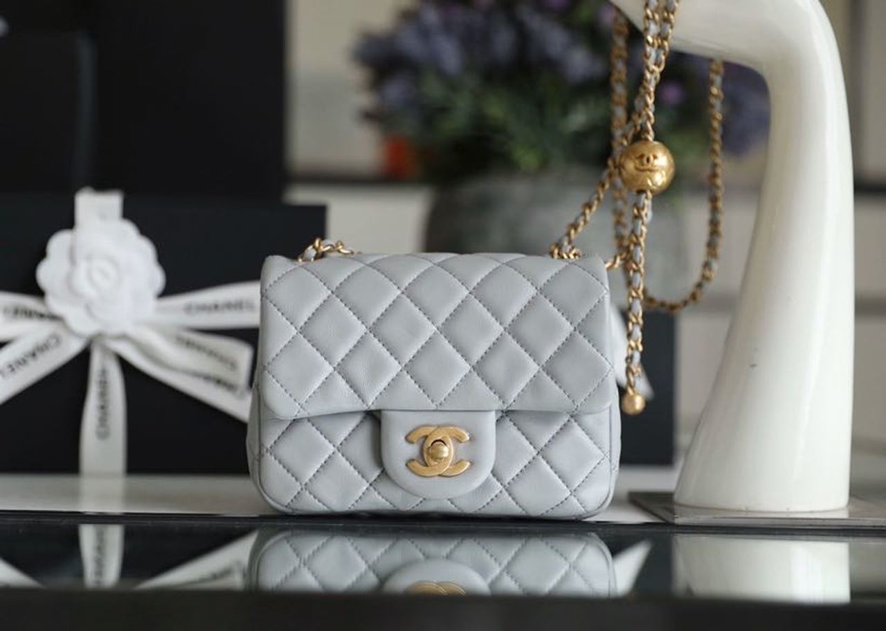 ChanelMini Flap Bag With ChanelBall On Strap Grey For Women, Women’s Handbags, Shoulder And Crossbody Bags 6.7in/17cm AS1786