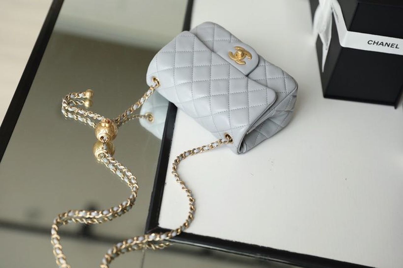 ChanelMini Flap Bag With ChanelBall On Strap Grey For Women, Women’s Handbags, Shoulder And Crossbody Bags 6.7in/17cm AS1786