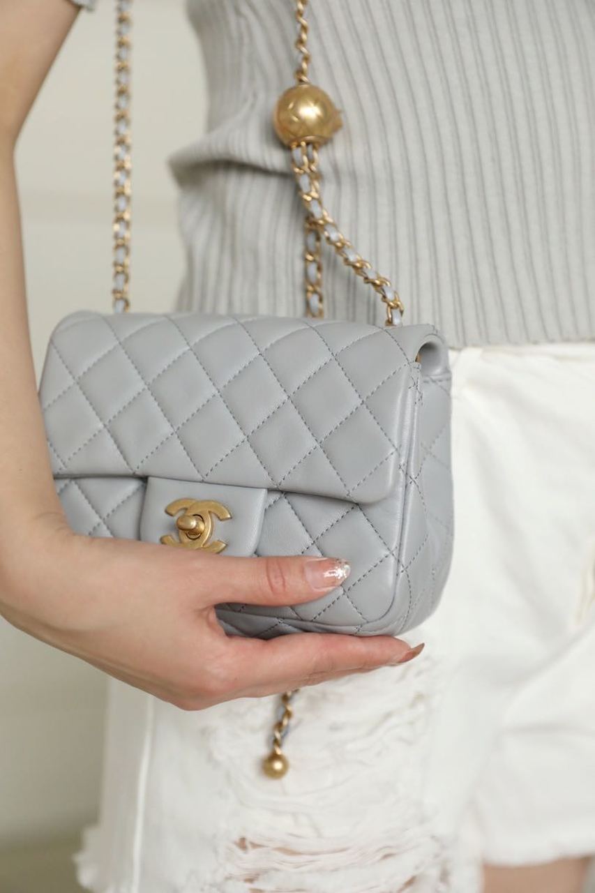 ChanelMini Flap Bag With ChanelBall On Strap Grey For Women, Women’s Handbags, Shoulder And Crossbody Bags 6.7in/17cm AS1786