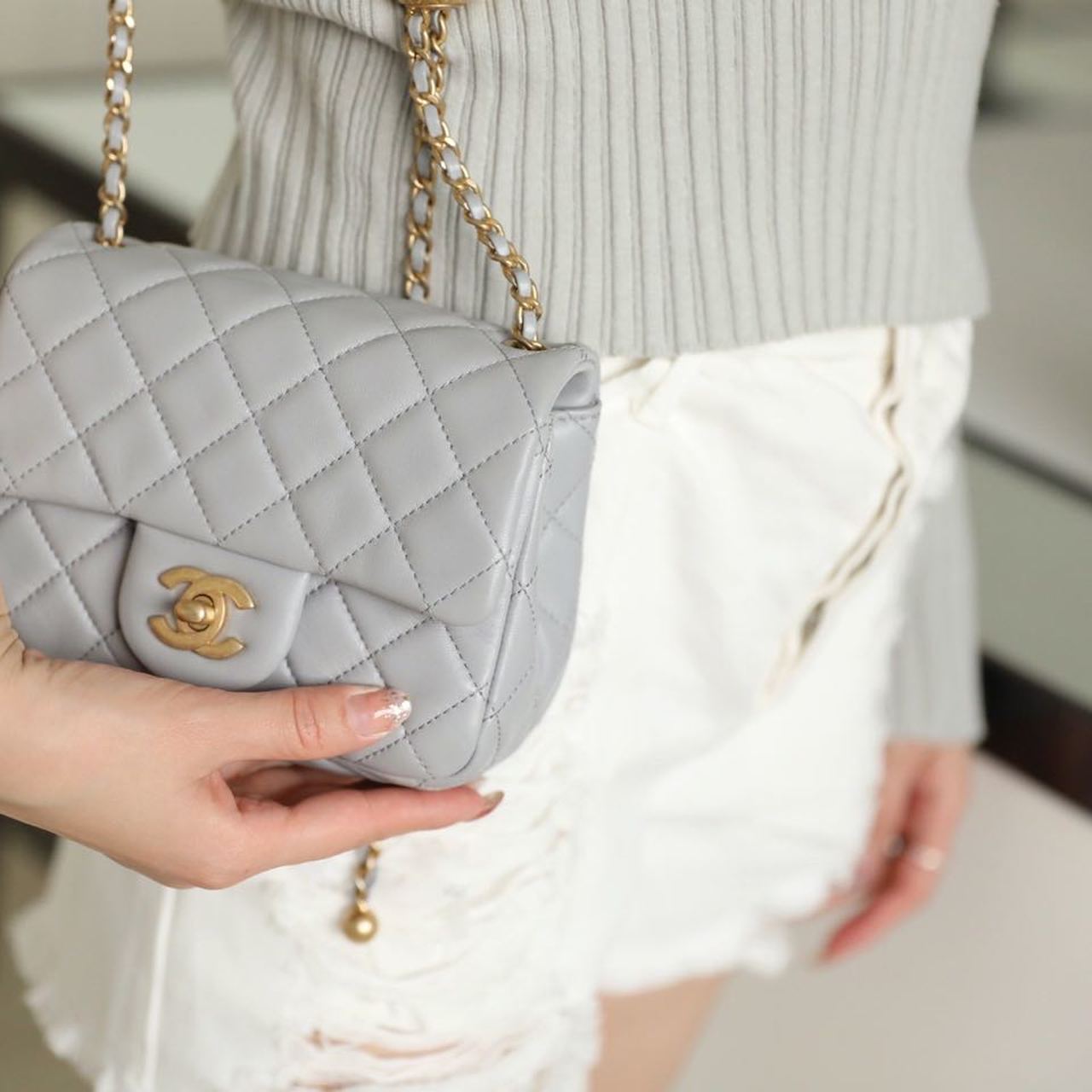 ChanelMini Flap Bag With ChanelBall On Strap Grey For Women, Women’s Handbags, Shoulder And Crossbody Bags 6.7in/17cm AS1786
