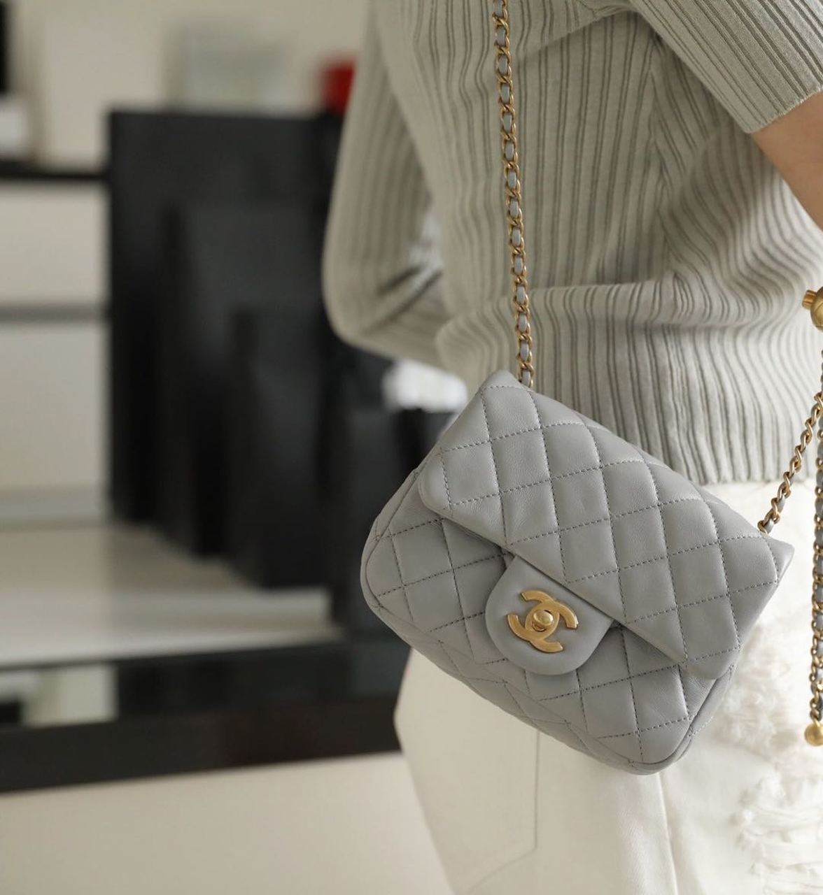 ChanelMini Flap Bag With ChanelBall On Strap Grey For Women, Women’s Handbags, Shoulder And Crossbody Bags 6.7in/17cm AS1786