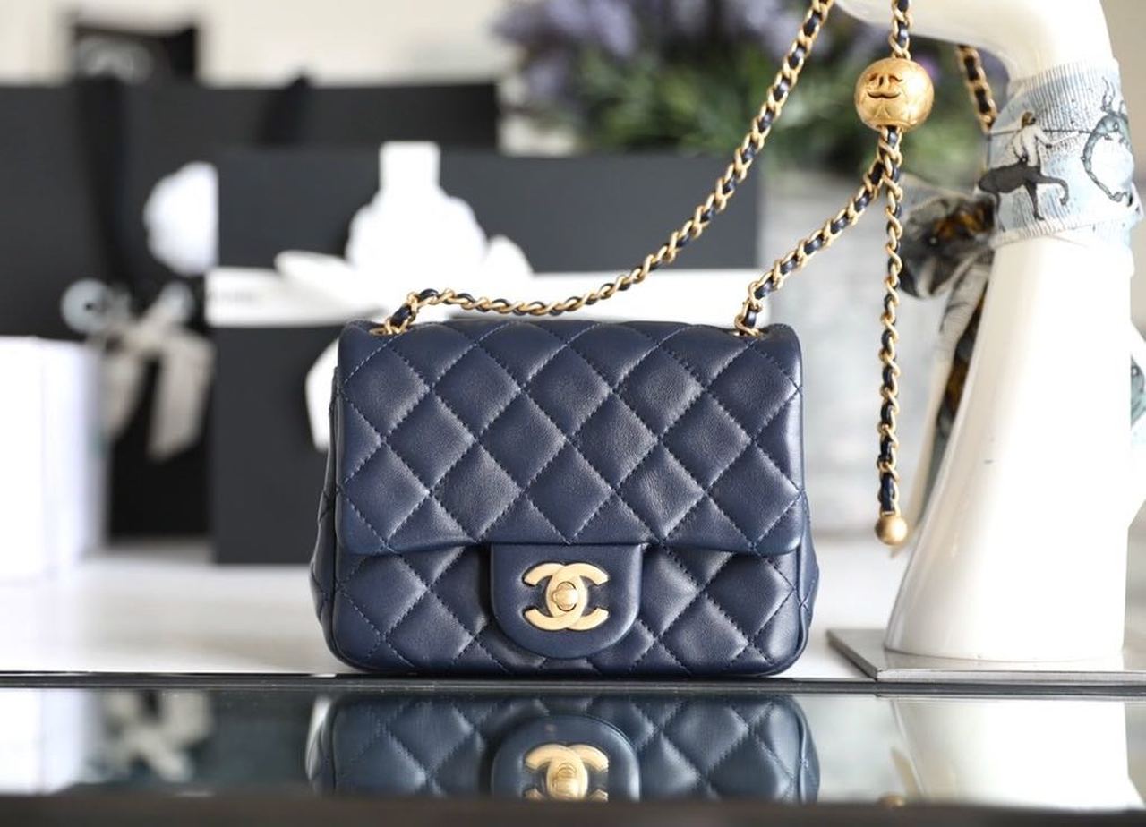 ChanelMini Flap Bag With ChanelBall On Strap Navy Blue For Women, Women’s Handbags, Shoulder And Crossbody Bags 6.7in/17cm AS1786