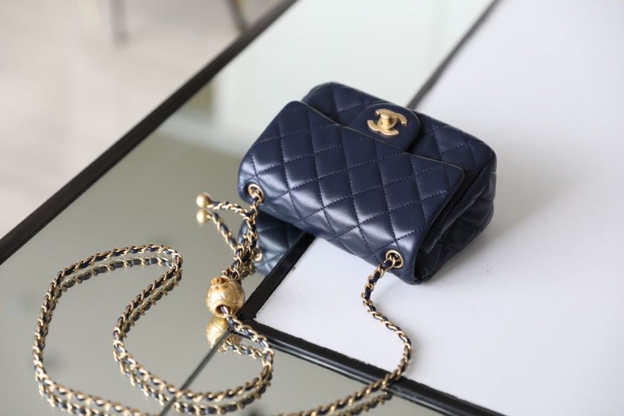 ChanelMini Flap Bag With ChanelBall On Strap Navy Blue For Women, Women’s Handbags, Shoulder And Crossbody Bags 6.7in/17cm AS1786