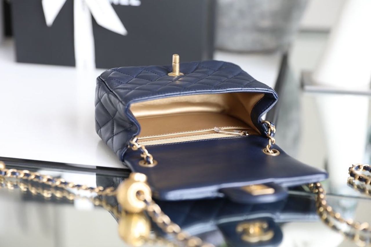 ChanelMini Flap Bag With ChanelBall On Strap Navy Blue For Women, Women’s Handbags, Shoulder And Crossbody Bags 6.7in/17cm AS1786