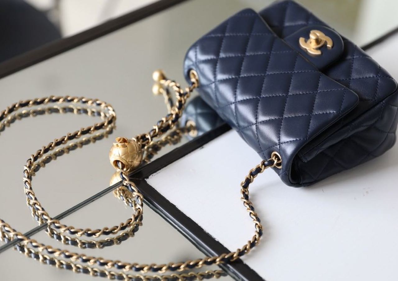 ChanelMini Flap Bag With ChanelBall On Strap Navy Blue For Women, Women’s Handbags, Shoulder And Crossbody Bags 6.7in/17cm AS1786