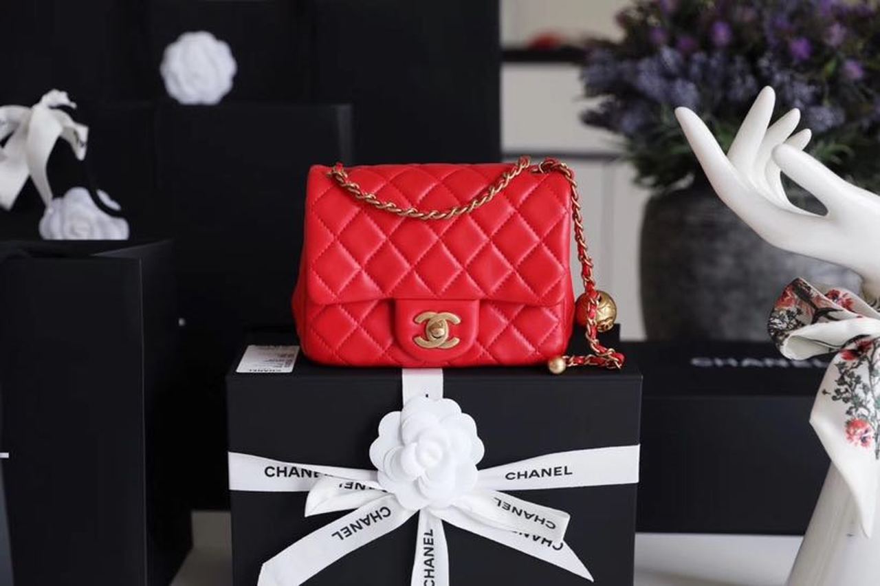 ChanelMini Flap Bag With ChanelBall On Strap Red For Women, Women’s Handbags, Shoulder And Crossbody Bags 6.7in/17cm AS1786