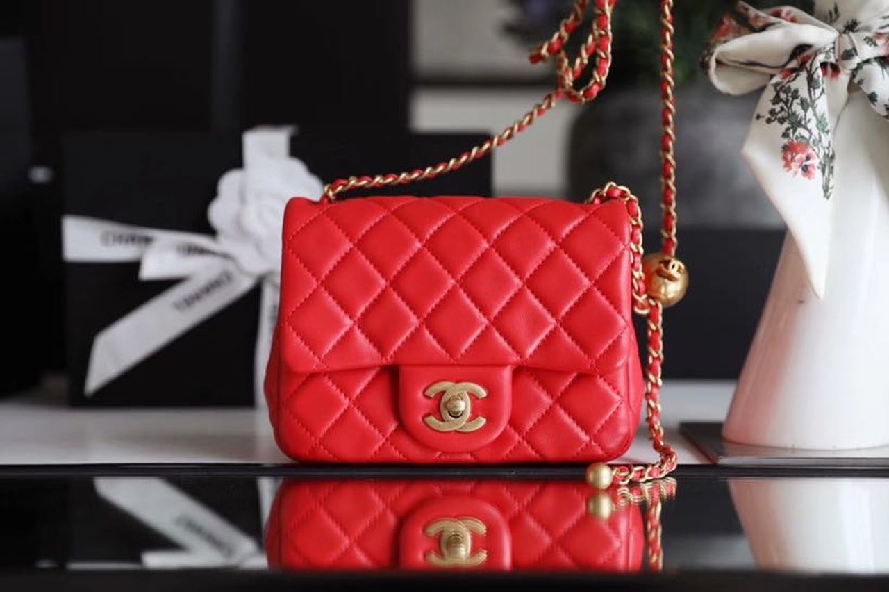 ChanelMini Flap Bag With ChanelBall On Strap Red For Women, Women’s Handbags, Shoulder And Crossbody Bags 6.7in/17cm AS1786