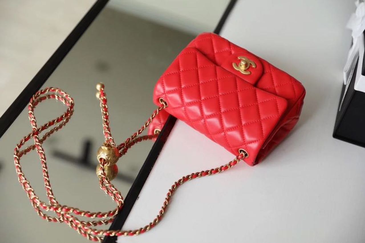 ChanelMini Flap Bag With ChanelBall On Strap Red For Women, Women’s Handbags, Shoulder And Crossbody Bags 6.7in/17cm AS1786