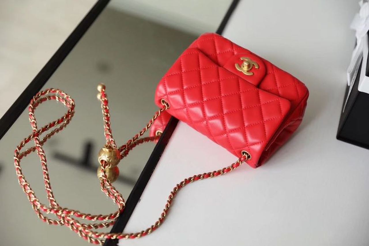 ChanelMini Flap Bag With ChanelBall On Strap Red For Women, Women’s Handbags, Shoulder And Crossbody Bags 6.7in/17cm AS1786