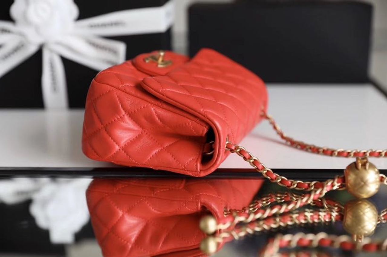 ChanelMini Flap Bag With ChanelBall On Strap Red For Women, Women’s Handbags, Shoulder And Crossbody Bags 6.7in/17cm AS1786