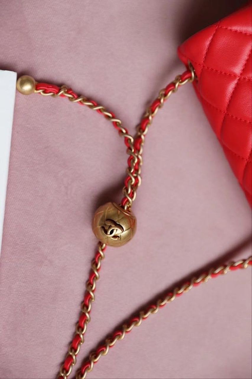 ChanelMini Flap Bag With ChanelBall On Strap Red For Women, Women’s Handbags, Shoulder And Crossbody Bags 6.7in/17cm AS1786