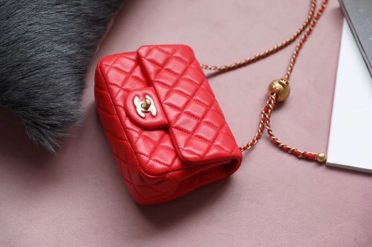 ChanelMini Flap Bag With ChanelBall On Strap Red For Women, Women’s Handbags, Shoulder And Crossbody Bags 6.7in/17cm AS1786