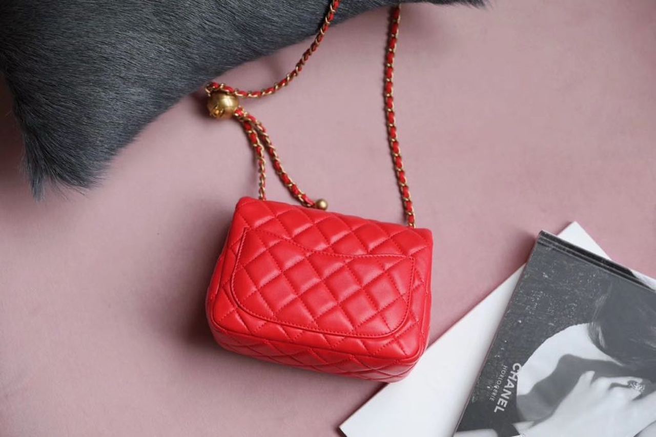 ChanelMini Flap Bag With ChanelBall On Strap Red For Women, Women’s Handbags, Shoulder And Crossbody Bags 6.7in/17cm AS1786