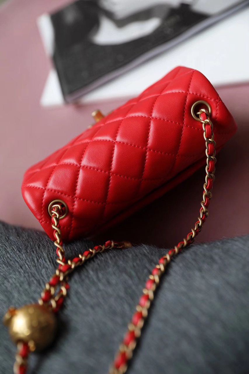 ChanelMini Flap Bag With ChanelBall On Strap Red For Women, Women’s Handbags, Shoulder And Crossbody Bags 6.7in/17cm AS1786