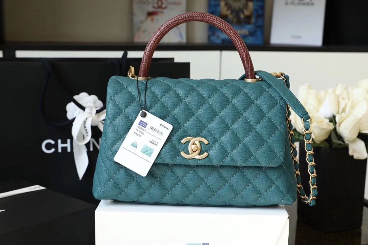 ChanelLarge Flap Bag With Top Handle Teal For Women, Women’s Handbags, Shoulder And Crossbody Bags 11in/28cm A92991