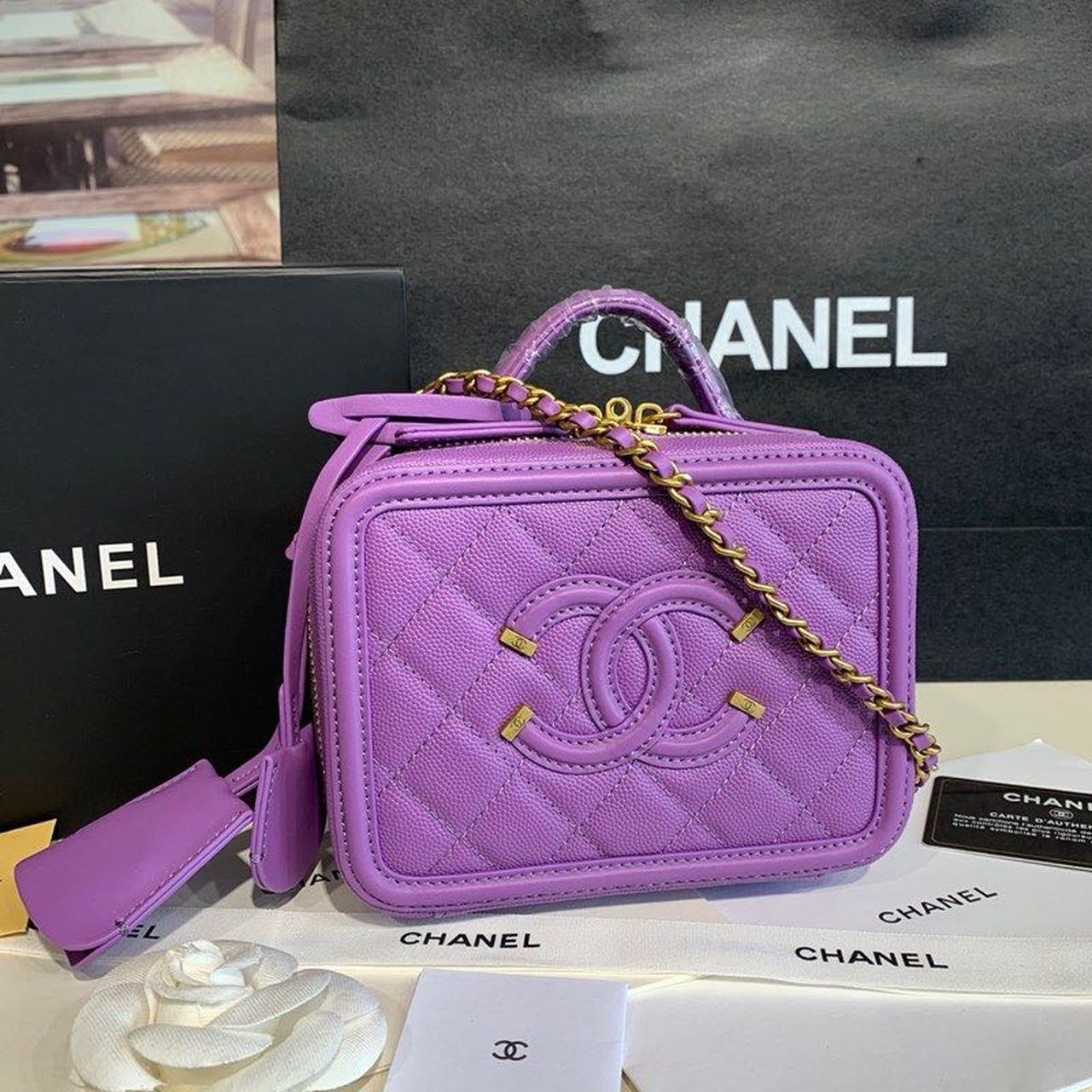 Chanel Filigree Vanity Case Bag 18cm Gold Toned Hardware Caviar Leather Spring/Summer Act 1 Collection, Purple