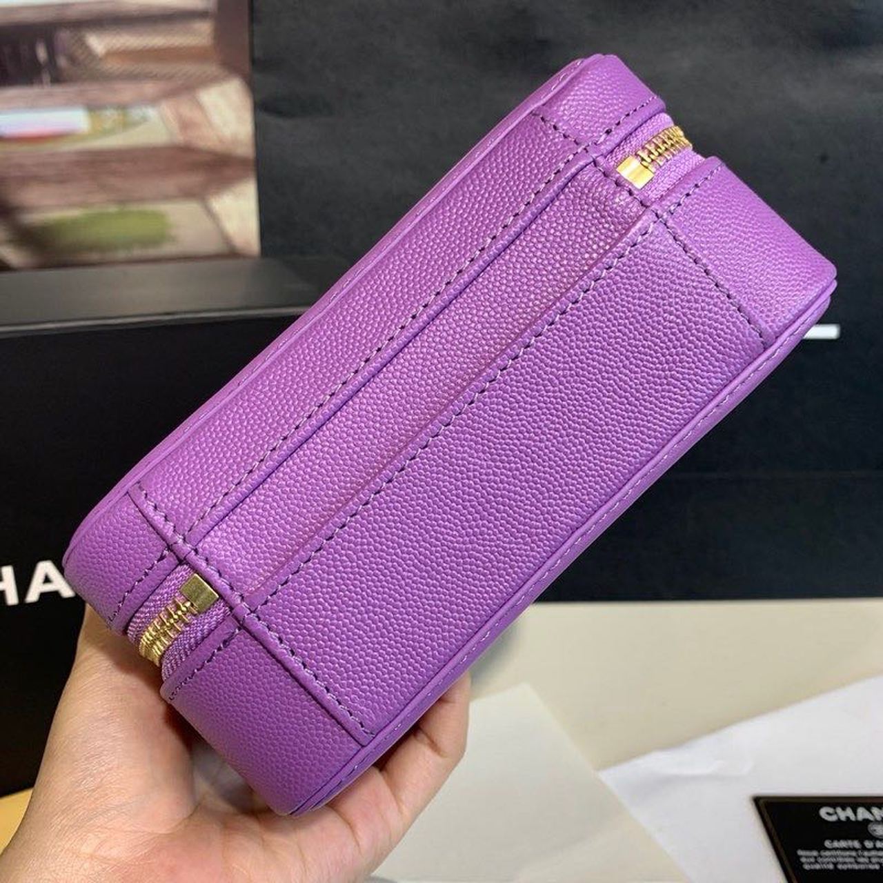 Chanel Filigree Vanity Case Bag 18cm Gold Toned Hardware Caviar Leather Spring/Summer Act 1 Collection, Purple
