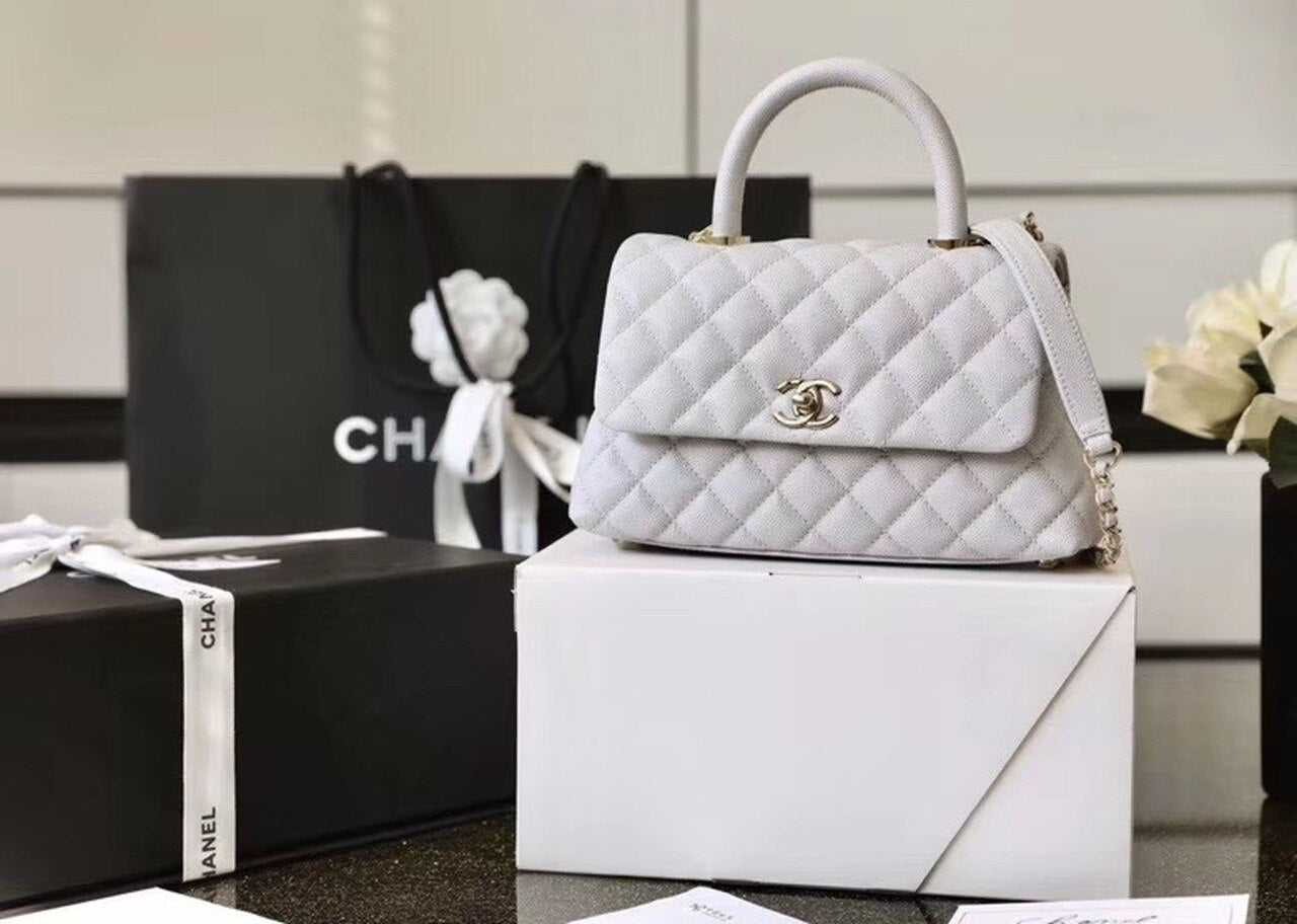 Chanel Coco With Top Handle Bag Gold Toned Hardware White For Women 9.4in/24cm