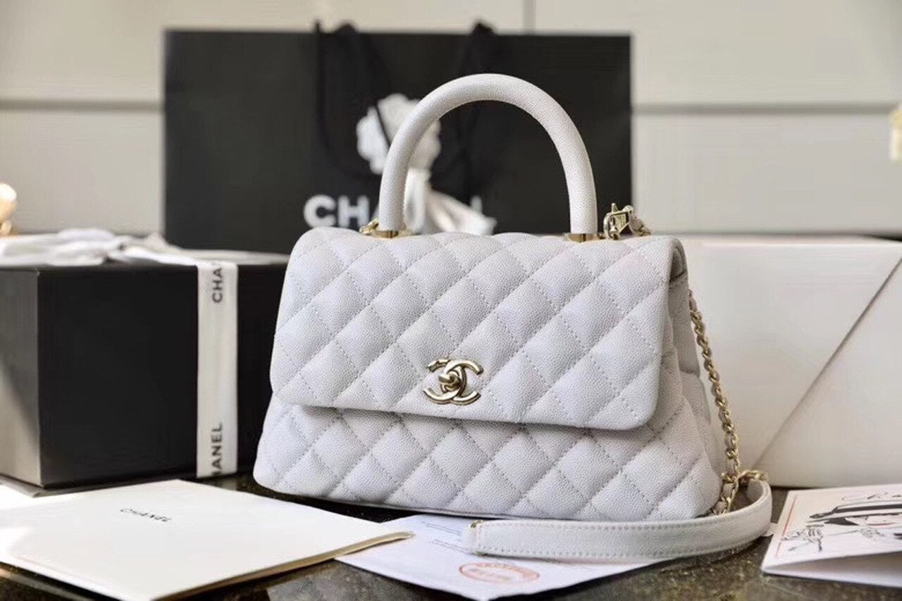 Chanel Coco With Top Handle Bag Gold Toned Hardware White For Women 9.4in/24cm