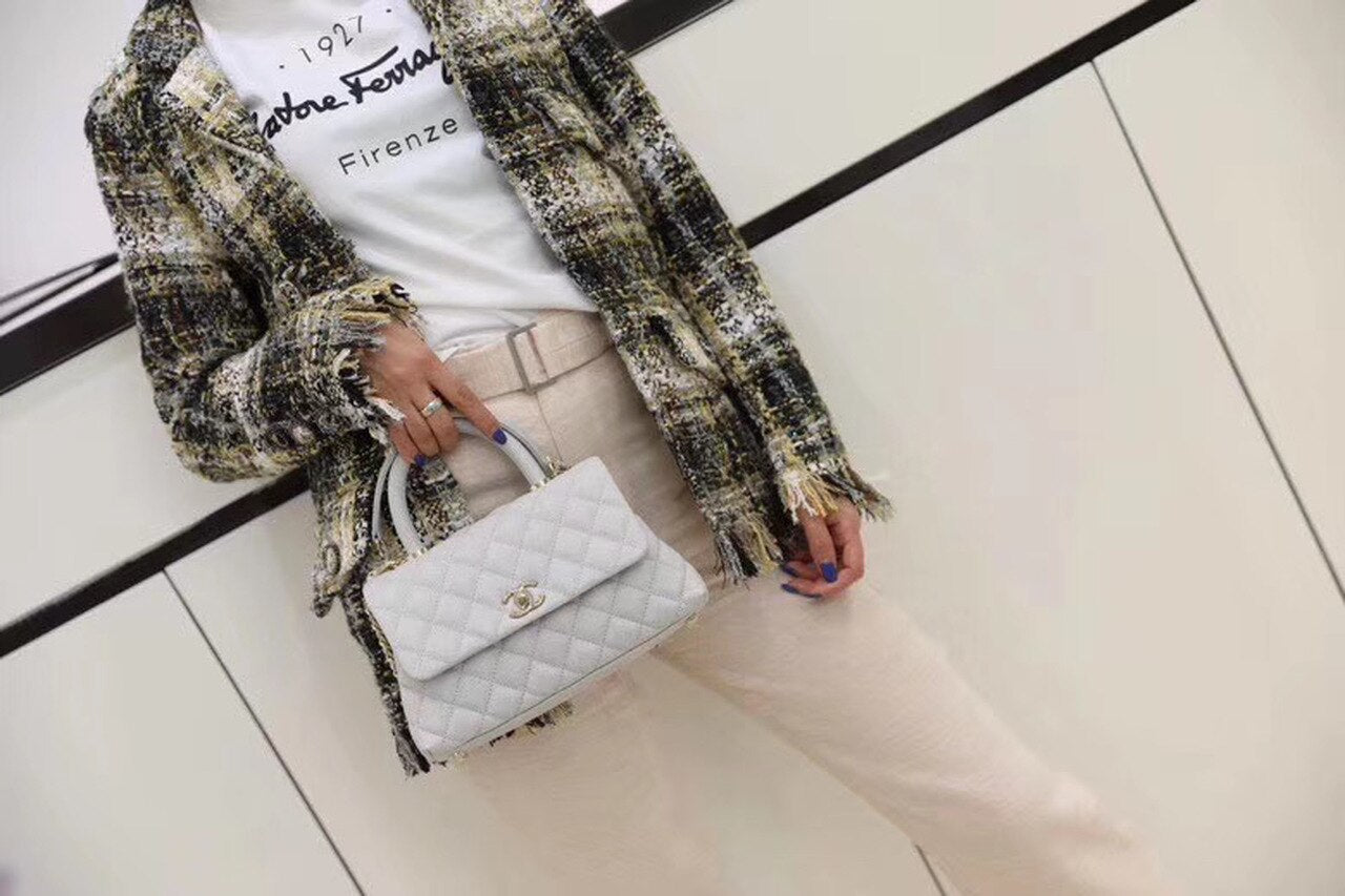 Chanel Coco With Top Handle Bag Gold Toned Hardware White For Women 9.4in/24cm