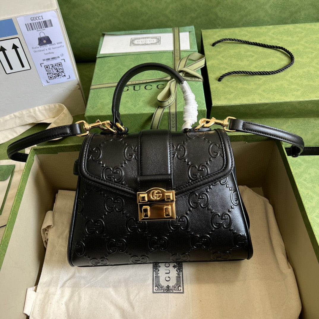 gg Small gg Top Handle Bag Black Debossed For Women 11in/29cm gg 675791 UD9AG 1000